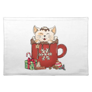 Cute Cat Christmas Chocolate Coffee Cloth Placemat