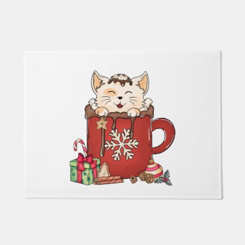 Cute Cat Christmas Chocolate Coffee   Doormat