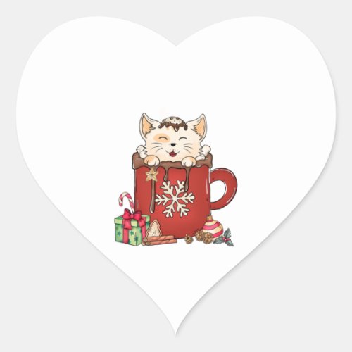Cute Cat Christmas Chocolate Coffee   Heart Sticker