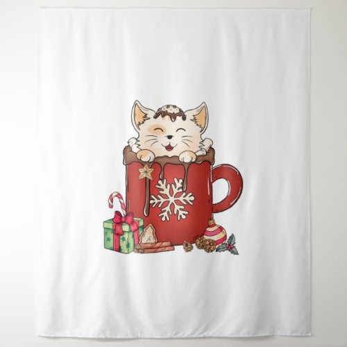 Cute Cat Christmas Chocolate Coffee   Tapestry