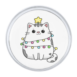 Cute Cat Christmas design Silver Finish Lapel Pin