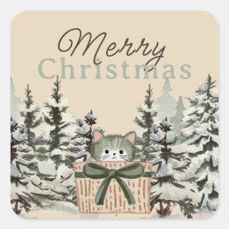 Cute Cat Christmas Gift Square Sticker