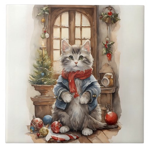 Cute Cat Christmas Jacket Red Scarf Ceramic Tile