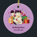Cute Cat Christmas Kitty Snowy Winter Holiday Ceramic Ornament<br><div class="desc">Cute cartoon animal ornament for kids and children. Perfect for first Christmas celebration with family. You can customize the text for any occasion.</div>