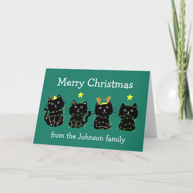 Cute Cat Christmas Lights Custom Green Holiday Card (Front)