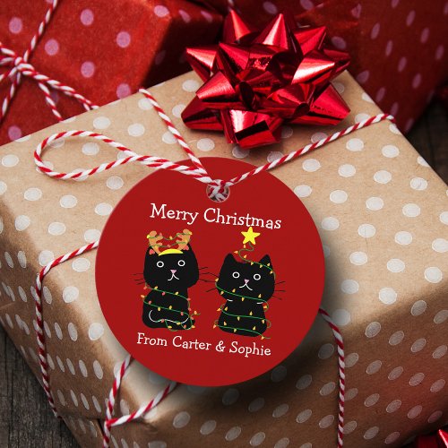 Cute Cat Christmas Lights Personalized Red Party Favor Tags