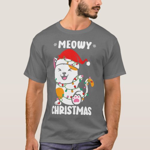 Cute Cat Christmas Lights Santa Hat Meowy Christma T_Shirt