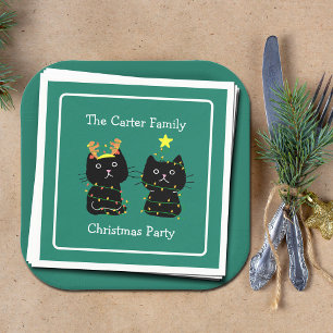 Cute Cat Christmas Personalized Green Party Napkins