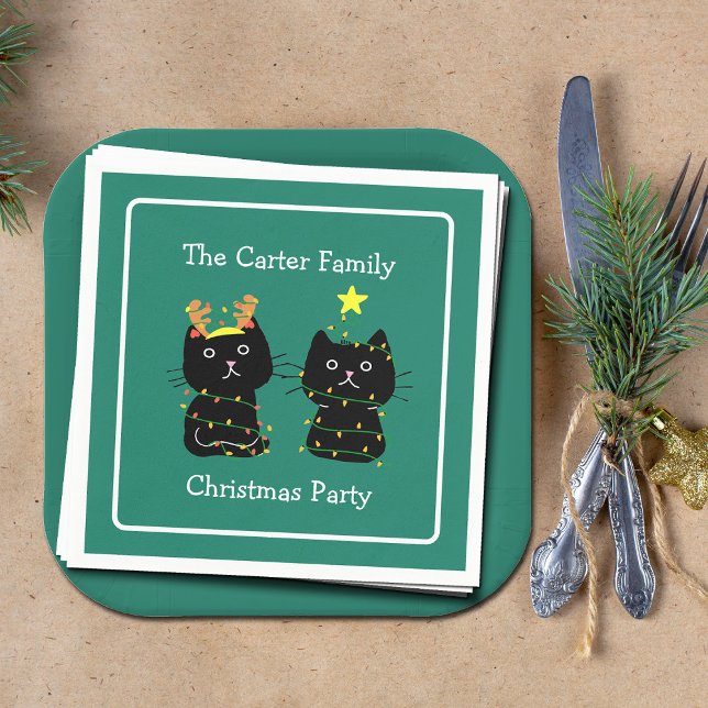 Cute Cat Christmas Personalized Green Party Napkins (Creator Uploaded)