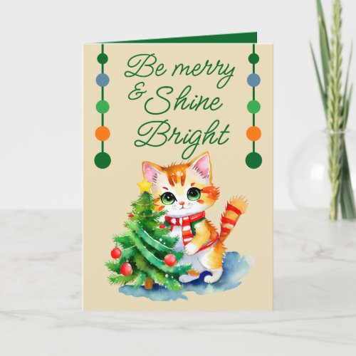 Cute cat  Christmas tree be merry cream green Holiday Card