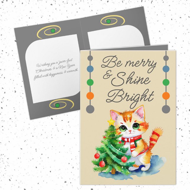 Cute cat & Christmas tree be merry cream grey Holiday Card (Creator Uploaded)