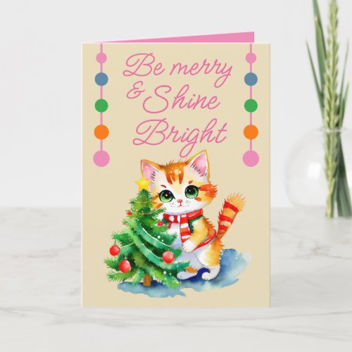 Cute cat  Christmas tree be merry cream pink Holiday Card