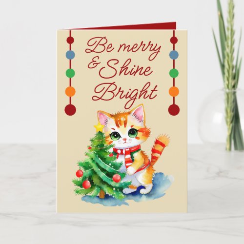 Cute cat  Christmas tree be merry cream red Holiday Card