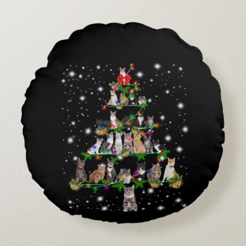 Cute Cat Christmas Tree Covered By Flashlight Round Pillow