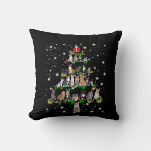 Cute Cat Christmas Tree Covered By Flashlight Throw Pillow