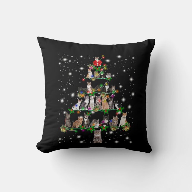 Cute Cat Christmas Tree Covered By Flashlight Throw Pillow (Front)