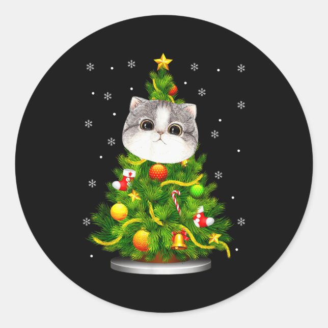 Cute Cat Christmas Tree Holiday Cat Lovers Xmas Wo Classic Round Sticker (Front)