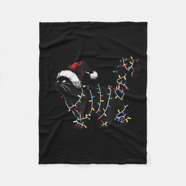 Cute Cat Christmas Tree Lights Funny Santa Kitten  Fleece Blanket (Front)