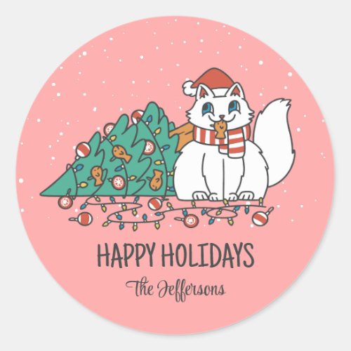 Cute Cat Christmas Tree Snowy Winter Holiday Classic Round Sticker
