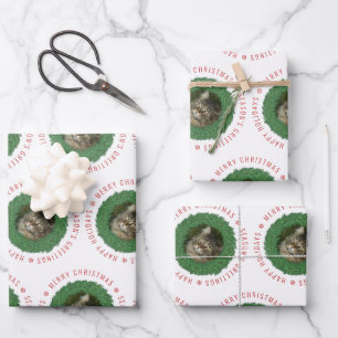 Cute Cat Christmas Wreath Custom Pet Photo Wrapping Paper Sheets