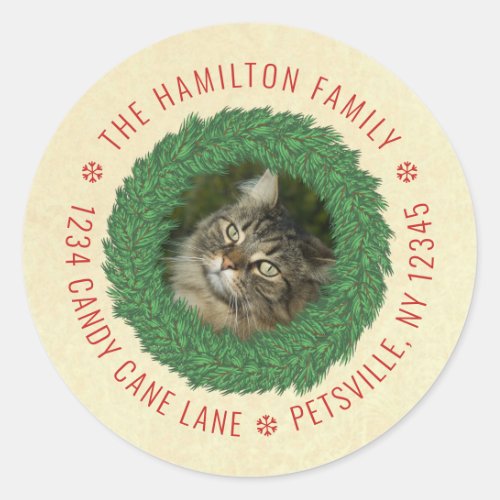 Cute Cat Christmas Wreath Pet Photo Return Address Classic Round Sticker