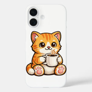 Cute Cat Coffee – Cozy Orange Cat Drinking Coffee iPhone 16 Case