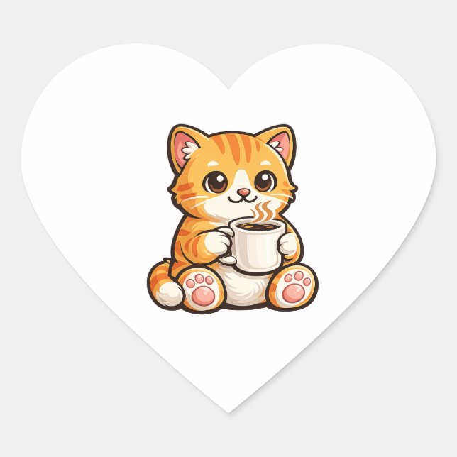 Cute Cat Coffee – Cozy Orange Cat Drinking Coffee  Heart Sticker (Front)