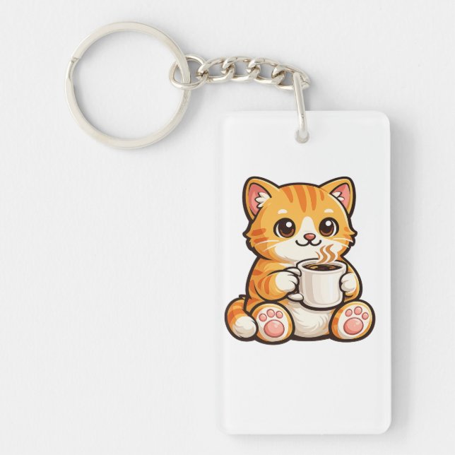 Cute Cat Coffee – Cozy Orange Cat Drinking Coffee  Keychain (Front)