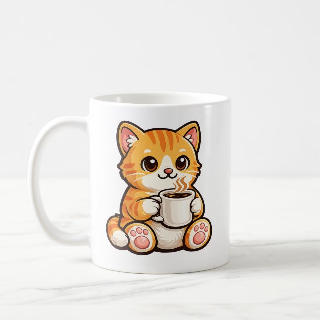 Cute Cat Coffee – Cozy Orange Cat Drinking Coffee  Mug (Left)