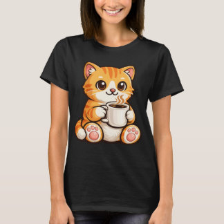 Cute Cat Coffee – Cozy Orange Cat Drinking Coffee  T-Shirt