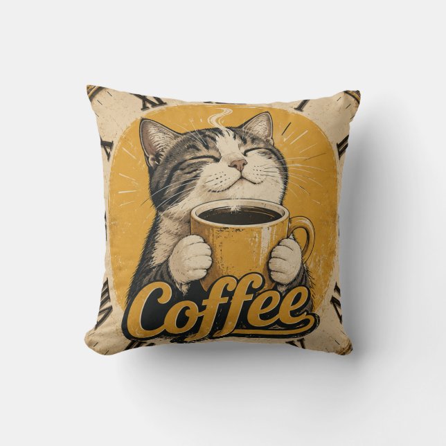 Cute Cat Coffee Throw Pillow (Front)