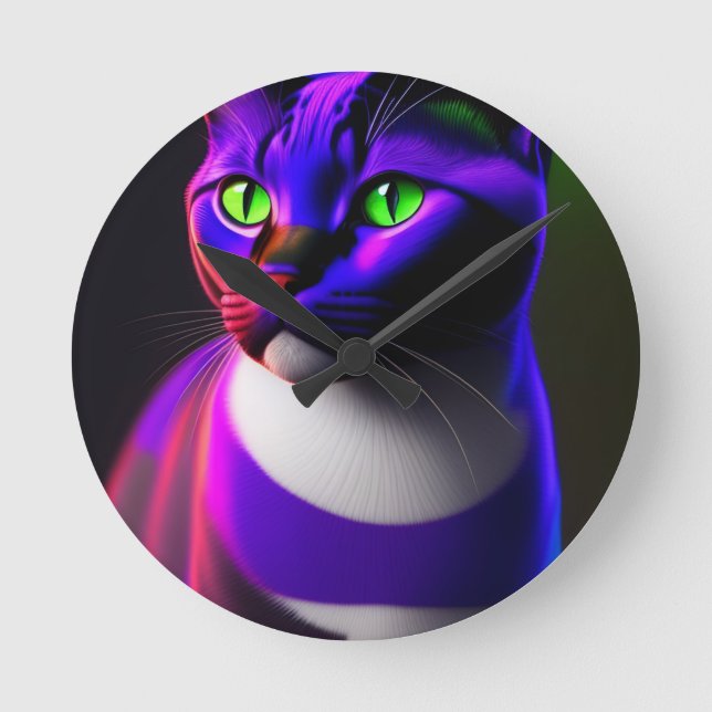 Cute Cat Color Neon Light Round Clock (Front)