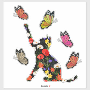 Cute cat, colorful flowers and butterflies, sticker