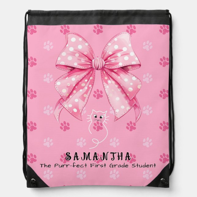 Cute Cat Coquette Bow – Pink School Gift for Girls Drawstring Bag (Front)