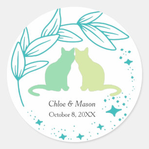 Cute Cat Couple and Unique Greenery Classic Round Sticker
