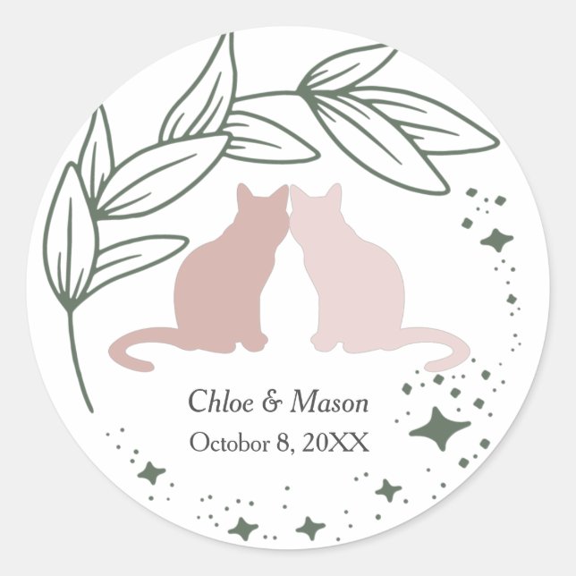 Cute Cat Couple and Unique Greenery  Classic Round Sticker (Front)