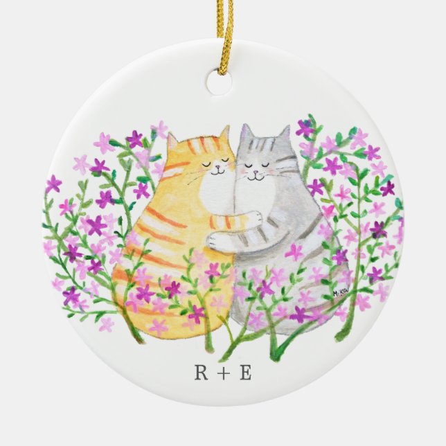 Cute Cat Couple Flowers Custom initial name year  Ceramic Ornament (Front)