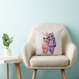 Cute Cat Couple in Stylish Outfits & Black Sunglas Throw Pillow
