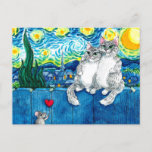 Cute cat couple mouse romantic Van Gogh postcard<br><div class="desc">This painting is a tribute to Vincent van Gogh's iconic painting,  "Starry Night."  It's available on other products in my Zazzle store.   You can add a message to the front or back if you'd like.</div>