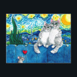 Cute cat couple mouse romantic Van Gogh postcard<br><div class="desc">This painting is a tribute to Vincent van Gogh's iconic painting,  "Starry Night."  It's available on other products in my Zazzle store.   You can add a message to the front or back if you'd like.</div>