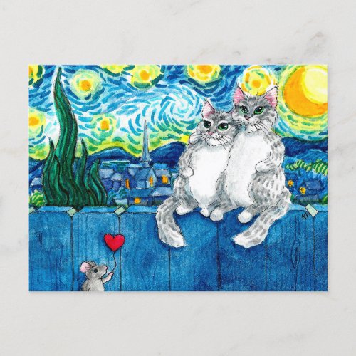 Cute cat couple mouse romantic Van Gogh postcard