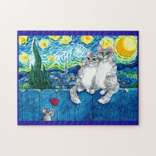 Cute cat couple mouse Starry Night jigsaw puzzle