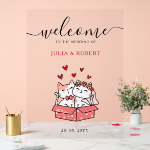 Cute Cat Couple Personalized Wedding Welcome Acrylic Sign