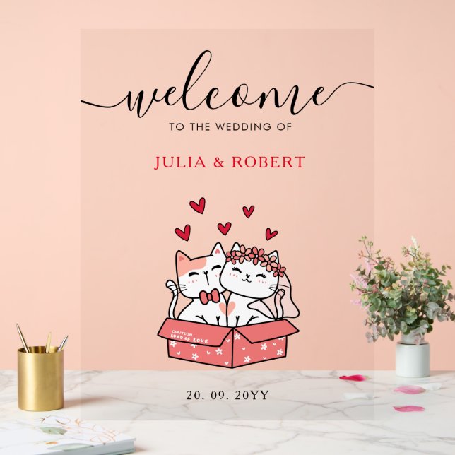 Cute Cat Couple Personalized Wedding Welcome Acrylic Sign (Wedding)