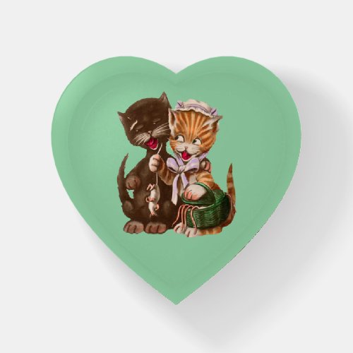 Cute Cat Couple Sharing Rats From Basket Green Paperweight