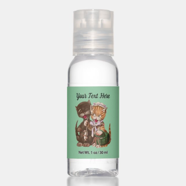 Cute Cat Couple Sharing Rats in Basket Green Hand Sanitizer (Front)