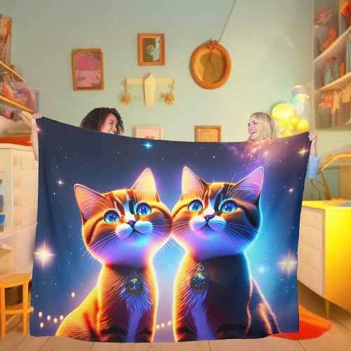 Cute cat couple under the starry sky _    fleece blanket