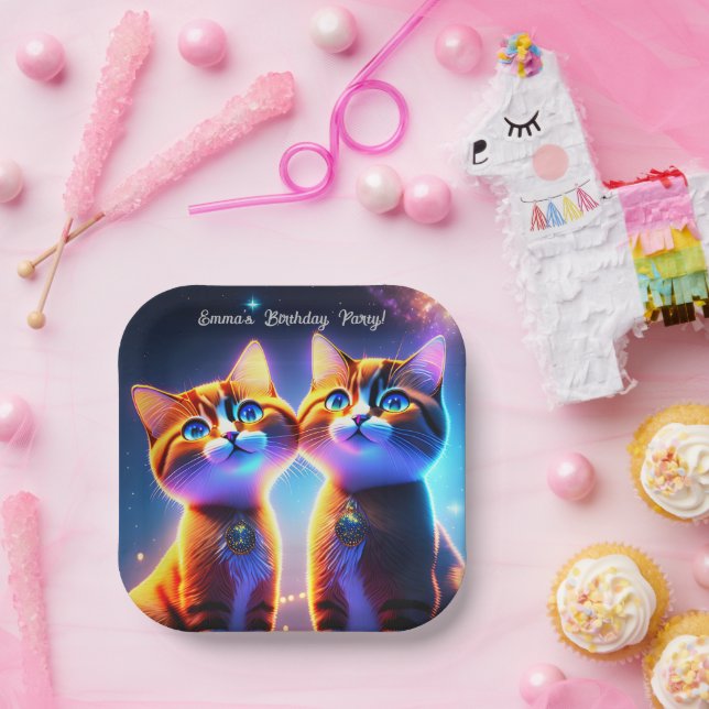 Cute cat couple under the starry sky -      paper plates (Party)