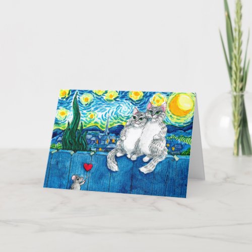 Cute Cat Couple Van Gogh Starry Night Card