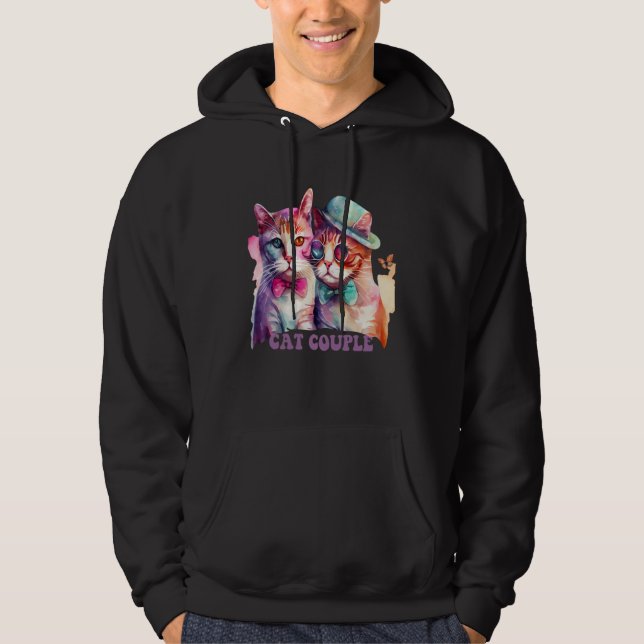 Cute Cat Couple With Hat And Glasses For Cat Hoodie (Front)